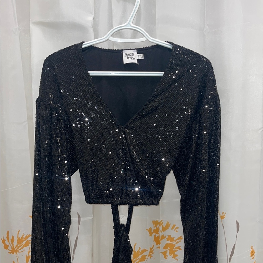 Princess Polly Black Sequin Wrap Top